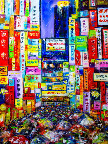 Картина под названием "Tokyo. Evening rain" - Natalia Shchipakina, Подлинное произведение искусства, Масло Установлен на Дер…
