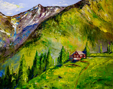 Painting titled "Alps. Green meadows" by Natalia Shchipakina, Original Artwork, Oil Mounted on Wood Stretcher frame