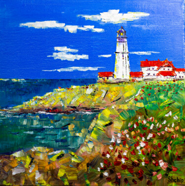 Painting titled "Lighthouse. Portland" by Natalia Shchipakina, Original Artwork, Oil Mounted on Wood Stretcher frame