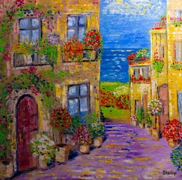 Painting titled "Street by the sea" by Natalia Shchipakina, Original Artwork, Oil Mounted on Wood Stretcher frame