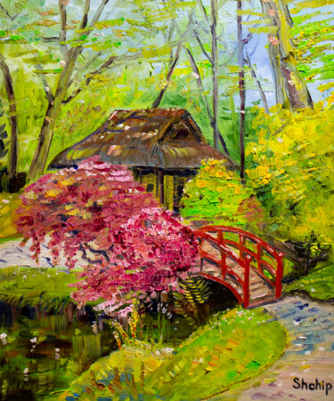 Painting titled "Japanese garden" by Natalia Shchipakina, Original Artwork, Oil Mounted on Wood Stretcher frame