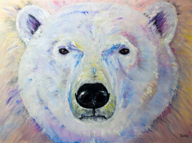Painting titled "Great polar bear" by Natalia Shchipakina, Original Artwork, Oil Mounted on Wood Stretcher frame