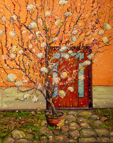Painting titled "Blooming tree in fr…" by Natalia Shchipakina, Original Artwork, Oil Mounted on Wood Stretcher frame