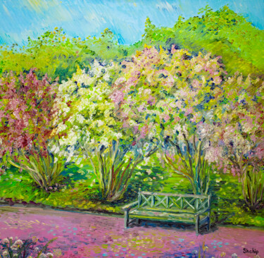 Painting titled "Bench in the lilac…" by Natalia Shchipakina, Original Artwork, Oil Mounted on Wood Stretcher frame