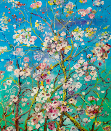 Pintura titulada "Sakura flowers" por Natalia Shchipakina, Obra de arte original, Oleo Montado en Bastidor de camilla de mad…