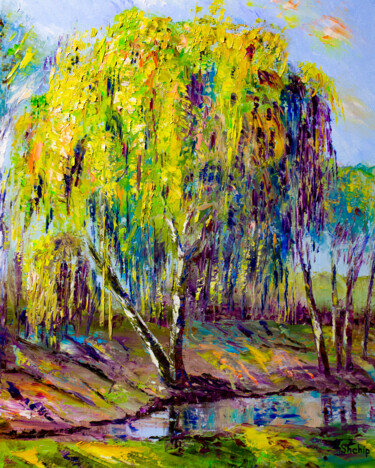 Painting titled "Willow near the Mug…" by Natalia Shchipakina, Original Artwork, Oil Mounted on Wood Stretcher frame