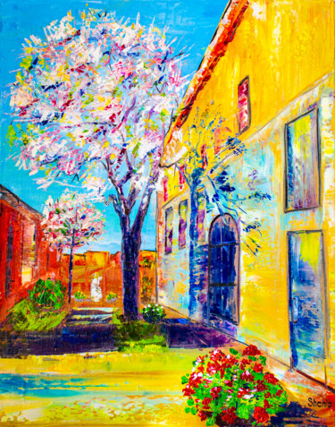 Painting titled "Old city. Blooming…" by Natalia Shchipakina, Original Artwork, Oil Mounted on Wood Stretcher frame