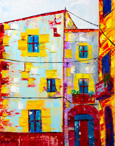 Painting titled "The colorful street…" by Natalia Shchipakina, Original Artwork, Oil Mounted on Wood Stretcher frame