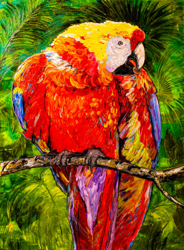 Painting titled "Parrot with coffee…" by Natalia Shchipakina, Original Artwork, Oil Mounted on Wood Stretcher frame