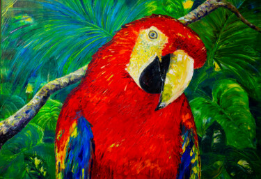 Painting titled "Macaw parrot in jun…" by Natalia Shchipakina, Original Artwork, Oil Mounted on Wood Stretcher frame