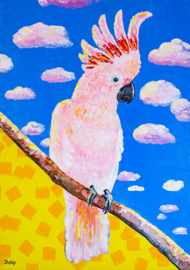 Painting titled "Pink parrot" by Natalia Shchipakina, Original Artwork, Oil Mounted on Wood Stretcher frame