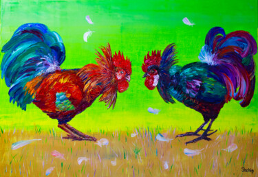 Painting titled "Fight of roosters" by Natalia Shchipakina, Original Artwork, Oil Mounted on Wood Stretcher frame