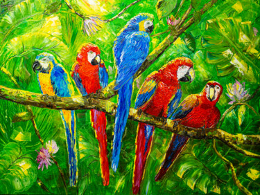 Painting titled "Parrots in the jung…" by Natalia Shchipakina, Original Artwork, Oil Mounted on Wood Stretcher frame