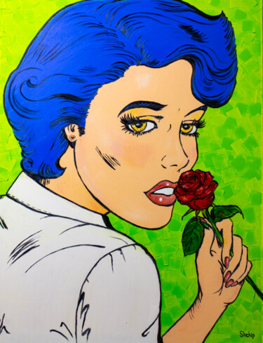 Painting titled "Girl with red rose" by Natalia Shchipakina, Original Artwork, Oil Mounted on Wood Stretcher frame
