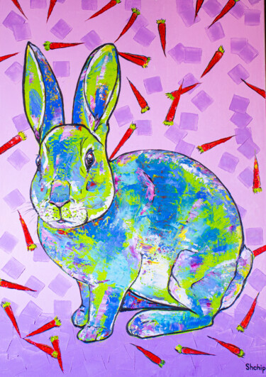 Painting titled "Rabbit and carrot" by Natalia Shchipakina, Original Artwork, Oil Mounted on Wood Stretcher frame