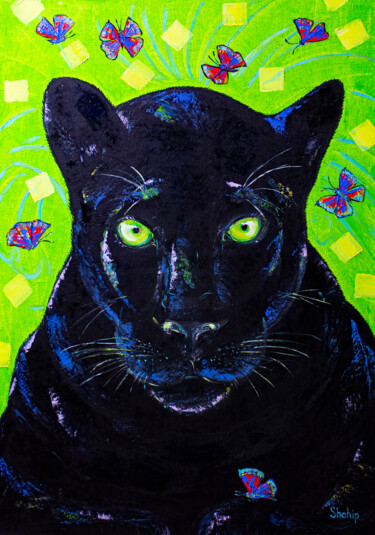Painting titled "Panther in jungles" by Natalia Shchipakina, Original Artwork, Oil Mounted on Wood Stretcher frame