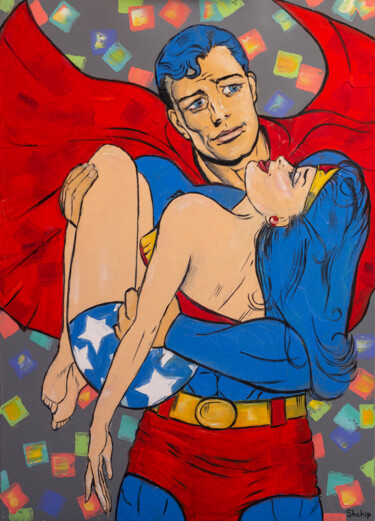 Pintura titulada "Superman Saves Supe…" por Natalia Shchipakina, Obra de arte original, Oleo Montado en Bastidor de camilla…
