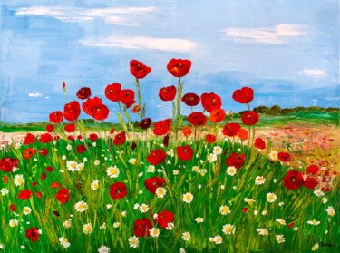 Painting titled "Poppies and daisies" by Natalia Shchipakina, Original Artwork, Oil Mounted on Wood Stretcher frame