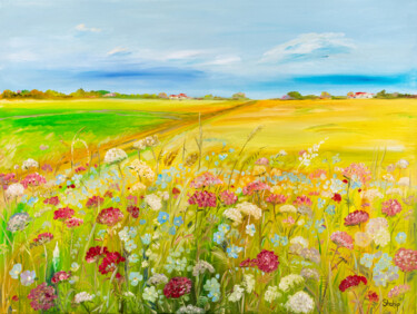 Painting titled "Meadow Near The Vil…" by Natalia Shchipakina, Original Artwork, Oil Mounted on Wood Stretcher frame