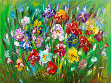 Pittura intitolato "Multicolored Irises" da Natalia Shchipakina, Opera d'arte originale, Olio Montato su Telaio per barella…