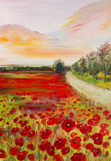 Painting titled "Poppy Field By The…" by Natalia Shchipakina, Original Artwork, Oil Mounted on Wood Stretcher frame