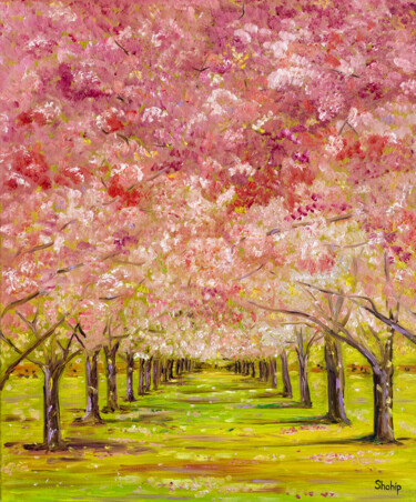 Painting titled "Blooming Cherry All…" by Natalia Shchipakina, Original Artwork, Oil Mounted on Wood Stretcher frame