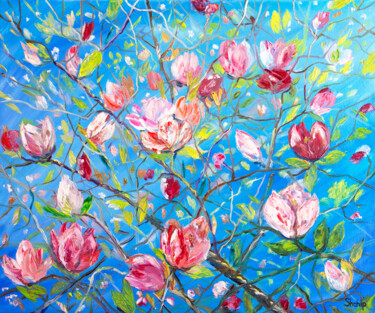 Pintura intitulada "Blooming Magnolia i…" por Natalia Shchipakina, Obras de arte originais, Óleo Montado em Armação em madei…