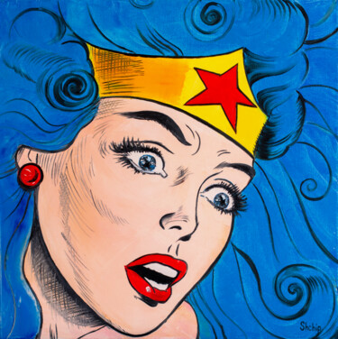 Painting titled "Wonder Woman With B…" by Natalia Shchipakina, Original Artwork, Oil Mounted on Wood Stretcher frame