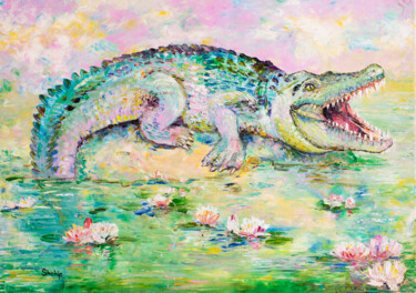 Painting titled "Crocodile and Water…" by Natalia Shchipakina, Original Artwork, Oil Mounted on Wood Stretcher frame