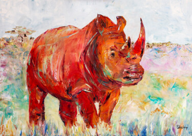 Malerei mit dem Titel "Red Rhino" von Natalia Shchipakina, Original-Kunstwerk, Öl Auf Keilrahmen aus Holz montiert