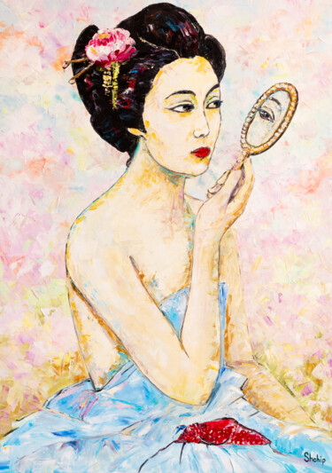Painting titled "Japanese Woman Look…" by Natalia Shchipakina, Original Artwork, Oil Mounted on Wood Stretcher frame