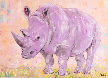 Ζωγραφική με τίτλο "Purple Rhino. Bloom…" από Natalia Shchipakina, Αυθεντικά έργα τέχνης, Λάδι Τοποθετήθηκε στο Ξύλινο φορεί…