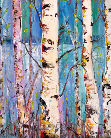 Painting titled "Spring In The Birch…" by Natalia Shchipakina, Original Artwork, Oil Mounted on Wood Stretcher frame