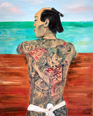 Malarstwo zatytułowany „Japanese Man” autorstwa Natalia Shchipakina, Oryginalna praca, Olej Zamontowany na Drewniana rama no…