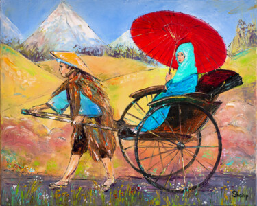 Pintura intitulada "Japanese Rickshaw" por Natalia Shchipakina, Obras de arte originais, Óleo Montado em Armação em madeira
