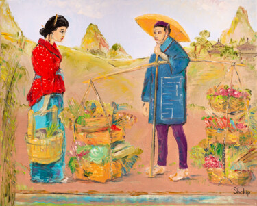 Ζωγραφική με τίτλο "Seller of Vegetable…" από Natalia Shchipakina, Αυθεντικά έργα τέχνης, Λάδι Τοποθετήθηκε στο Ξύλινο φορεί…
