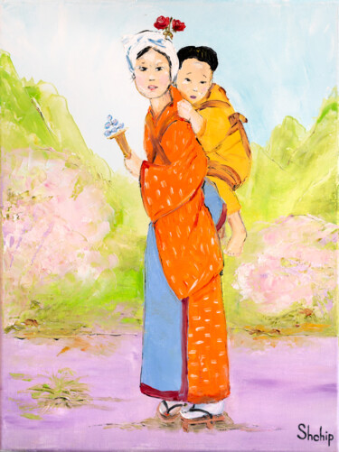 Painting titled "Japan. Brother and…" by Natalia Shchipakina, Original Artwork, Oil Mounted on Wood Stretcher frame