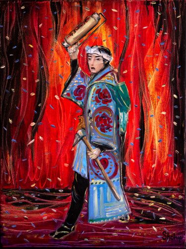 Pintura titulada "Hikeshi Firefighter" por Natalia Shchipakina, Obra de arte original, Oleo Montado en Bastidor de camilla d…
