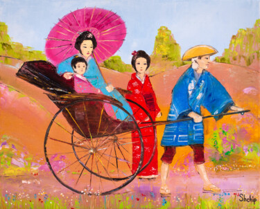 Painting titled "Japanese Rickshaw W…" by Natalia Shchipakina, Original Artwork, Oil Mounted on Wood Stretcher frame