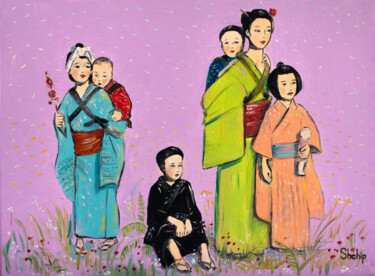 Картина под названием "Japanese Children o…" - Natalia Shchipakina, Подлинное произведение искусства, Масло Установлен на Де…