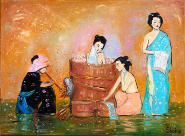 Pintura intitulada "Ofuro. Japanese Bath" por Natalia Shchipakina, Obras de arte originais, Óleo Montado em Armação em madei…