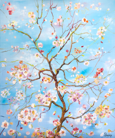 Painting titled "Cherry Tree" by Natalia Shchipakina, Original Artwork, Oil Mounted on Wood Stretcher frame