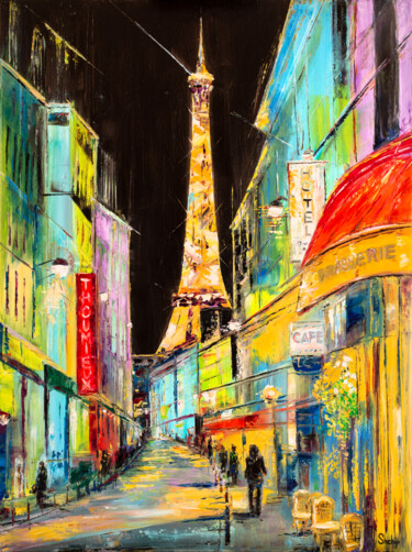 Painting titled "Neon Streets of Nig…" by Natalia Shchipakina, Original Artwork, Oil Mounted on Wood Stretcher frame