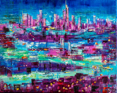Painting titled "Los Angeles At Night" by Natalia Shchipakina, Original Artwork, Oil Mounted on Wood Stretcher frame