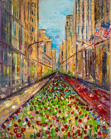 Painting titled "Spring in Chicago" by Natalia Shchipakina, Original Artwork, Oil Mounted on Wood Stretcher frame