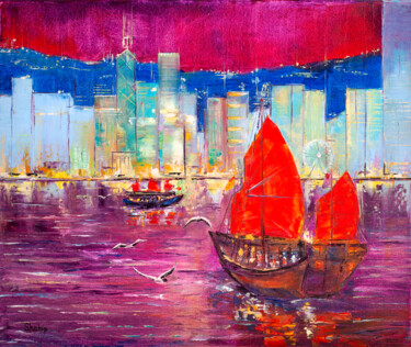 Schilderij getiteld "Hong Kong. Purple B…" door Natalia Shchipakina, Origineel Kunstwerk, Olie Gemonteerd op Frame voor hout…