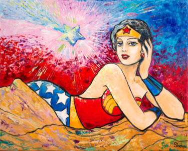 Schilderij getiteld "Wonder Woman Lying…" door Natalia Shchipakina, Origineel Kunstwerk, Olie Gemonteerd op Frame voor houte…