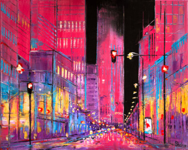 Картина под названием "Neon Chicago At Nig…" - Natalia Shchipakina, Подлинное произведение искусства, Масло Установлен на Де…