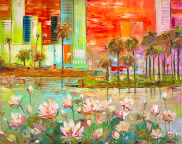 Painting titled "Lotus Flowers. Los…" by Natalia Shchipakina, Original Artwork, Oil Mounted on Wood Stretcher frame