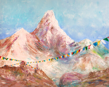 Painting titled "Prayer Flags of Him…" by Natalia Shchipakina, Original Artwork, Oil Mounted on Wood Stretcher frame